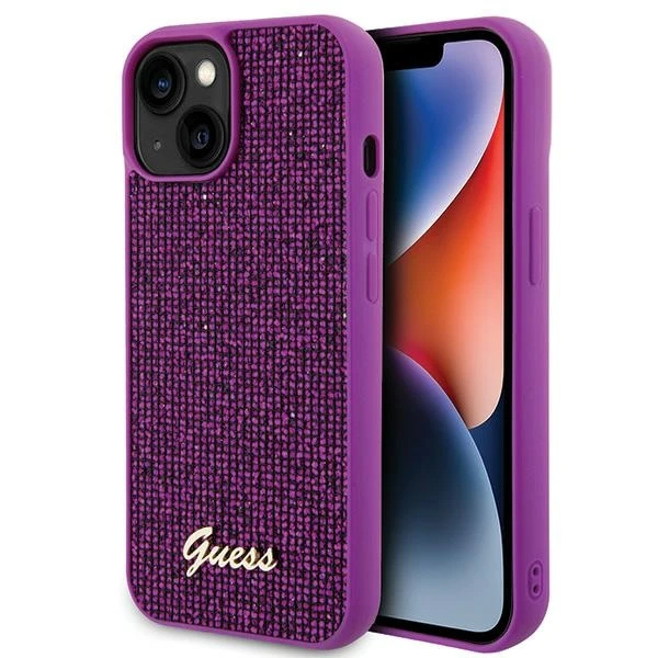 GUESS GUHCP15SPMSDGSF IPHONE 15/14/13 6.1" FUKSJA / FUKSIJOS spalvos kietas dėklas DISCO METAL SCRIPT