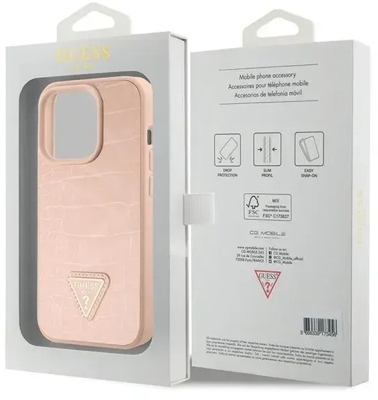 Dėklas GUESS GUHCP15XPCRTHCP IPHONE 15 PRO MAX Rožinis/Rožinis HARDCASE CROCO TRIANGLE METAL LOGO
