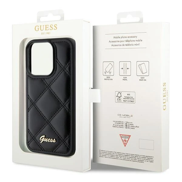 Guess GUHCP15XPSQSQSK Apple iPhone 15 Pro Max6.7" juodos spalvos harddėklas Quilted Metal Logo