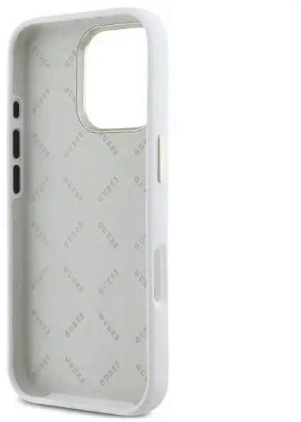Guess GUHCP16LM4DGPH Apple iPhone 16 Pro 6.3″ baltos spalvos kietas dėklas Silicone Logo Strass 4G