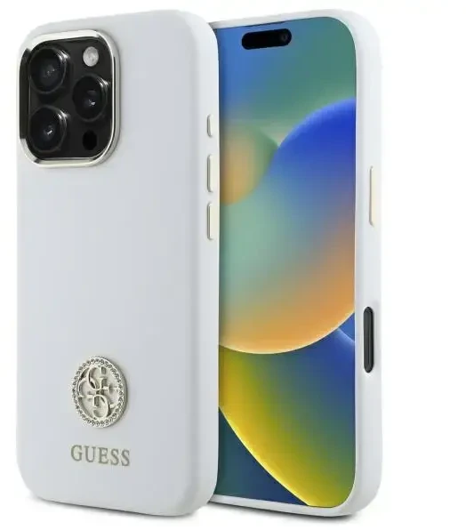 Guess GUHCP16LM4DGPH Apple iPhone 16 Pro 6.3″ baltos spalvos kietas dėklas Silicone Logo Strass 4G