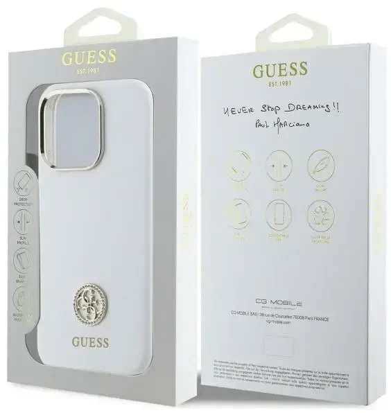 Guess GUHCP16LM4DGPH Apple iPhone 16 Pro 6.3″ baltos spalvos kietas dėklas Silicone Logo Strass 4G
