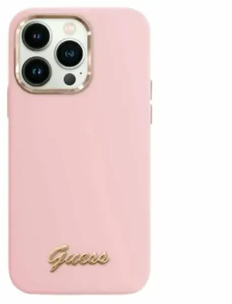 Guess GUHCP16XSMBSLP Apple iPhone 16 Pro Max 6.9″ rožinės spalvos kietas dėklas Silicone Script Metal Logo & Frame