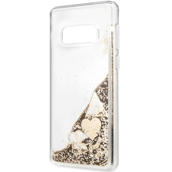 „Guess“ kietas dėklas „Samsung Galaxy S10e“ auksinei/blizgančioms širdelėms
