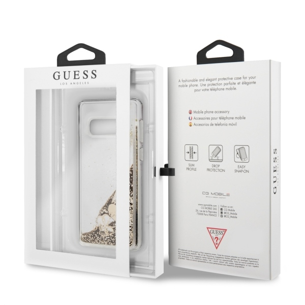 „Guess“ kietas dėklas „Samsung Galaxy S10e“ auksinei/blizgančioms širdelėms