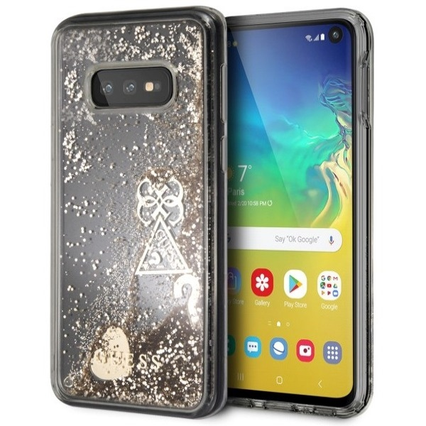 „Guess“ kietas dėklas „Samsung Galaxy S10e“ auksinei/blizgančioms širdelėms
