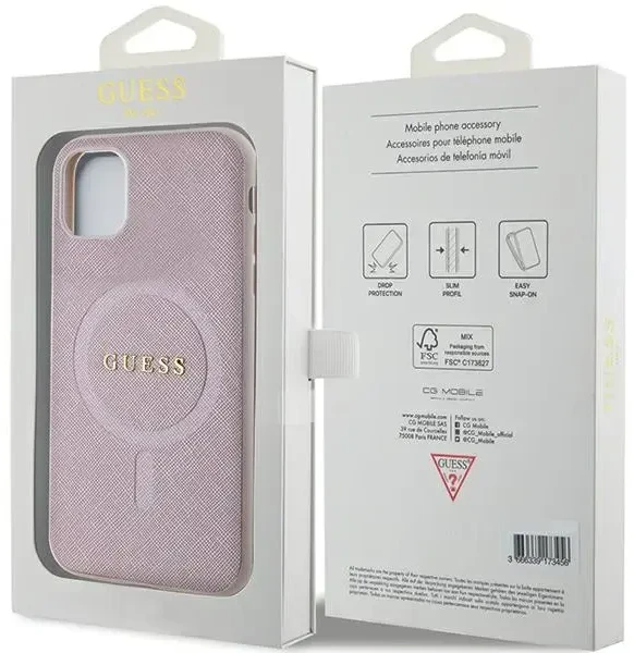„Guess“ GUHMN61PSAHMCP „Saffiano“ telefono dėklas su „MagSafe“ palaikymu, skirtas „iPhone 11“ | „iPhone XR“, rožinis