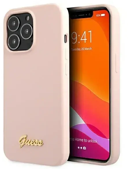 Guess dėklas iPhone 13 Pro / 13 6,1 GUHMP13LLLSLMGLP šviesiai rožinės spalvos kietasis dėklas Silikoninis Script Gold Logo Magsafe