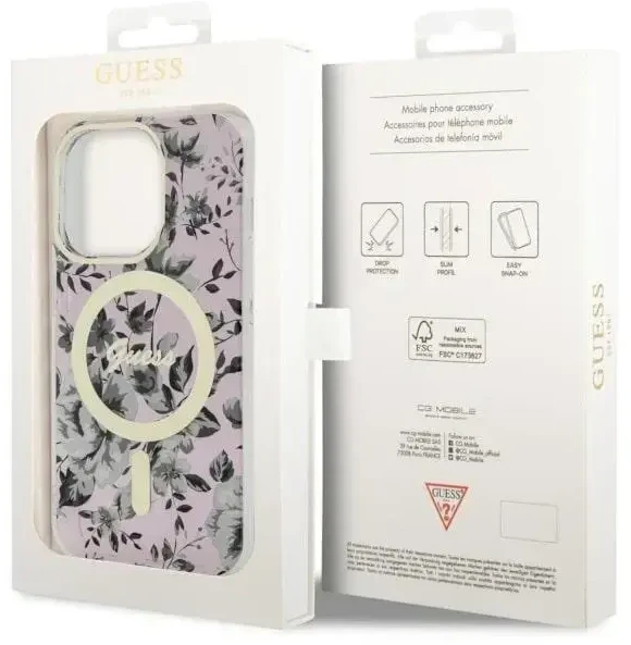 Guess GUHMP14LHCFWSP Apple iPhone 14 Pro 6.1″ rožinės spalvos kietas dėklas Flower MagSafe