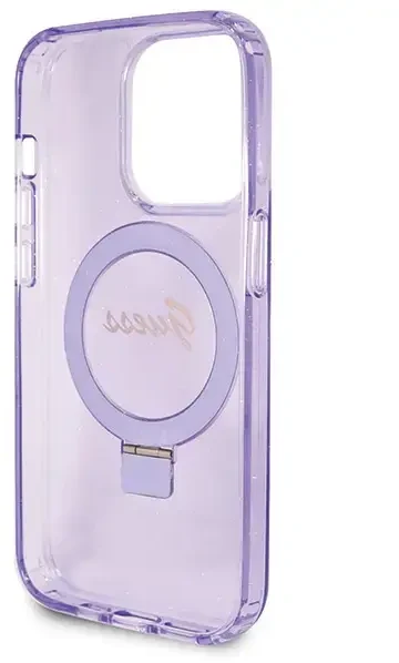 Dėklas GUESS GUHMP14LHRSGU IPHONE 14 PRO 6.1 "purpurinis/purpurinis KIETAS DĖLĖS RING STOVAS SCRIPT GLITTER MAGSAFE