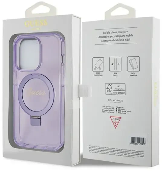 Dėklas GUESS GUHMP14LHRSGU IPHONE 14 PRO 6.1 "purpurinis/purpurinis KIETAS DĖLĖS RING STOVAS SCRIPT GLITTER MAGSAFE