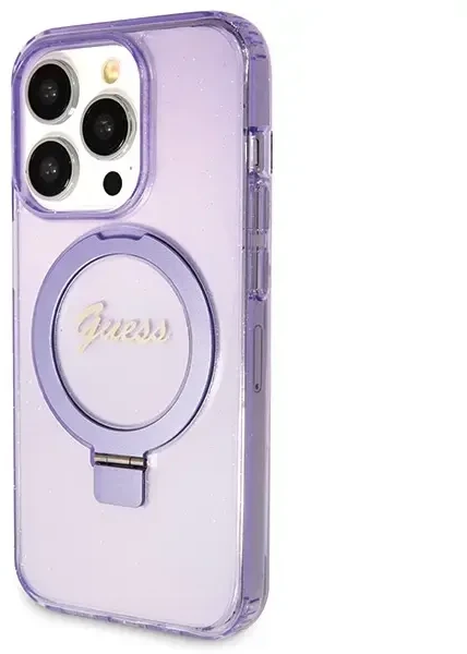 Dėklas GUESS GUHMP14LHRSGU IPHONE 14 PRO 6.1 "purpurinis/purpurinis KIETAS DĖLĖS RING STOVAS SCRIPT GLITTER MAGSAFE