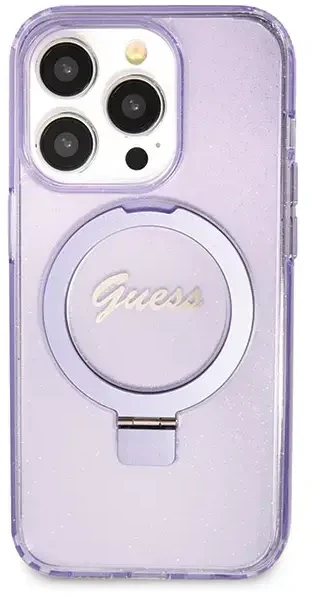 Dėklas GUESS GUHMP14LHRSGU IPHONE 14 PRO 6.1 "purpurinis/purpurinis KIETAS DĖLĖS RING STOVAS SCRIPT GLITTER MAGSAFE