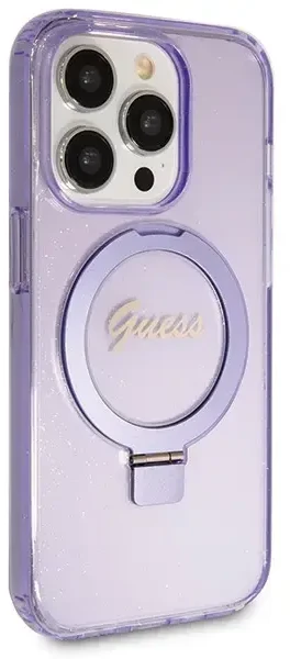 Dėklas GUESS GUHMP14LHRSGU IPHONE 14 PRO 6.1 "purpurinis/purpurinis KIETAS DĖLĖS RING STOVAS SCRIPT GLITTER MAGSAFE