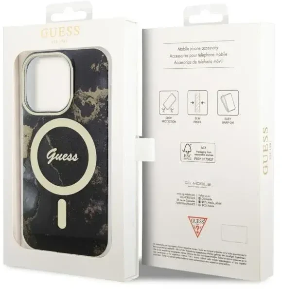 Guess GUHMP14LHTMRSK Apple iPhone 14 Pro 6.1″ juodos spalvos kietas dėklas Golden Marble MagSafe