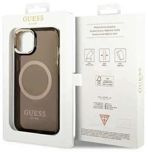 Guess GUHMP14SHTCMK Apple iPhone 14 / 15 / 136.1" dėklas telefonui juodos spalvos hard case Gold Outline Translucent MagSafe