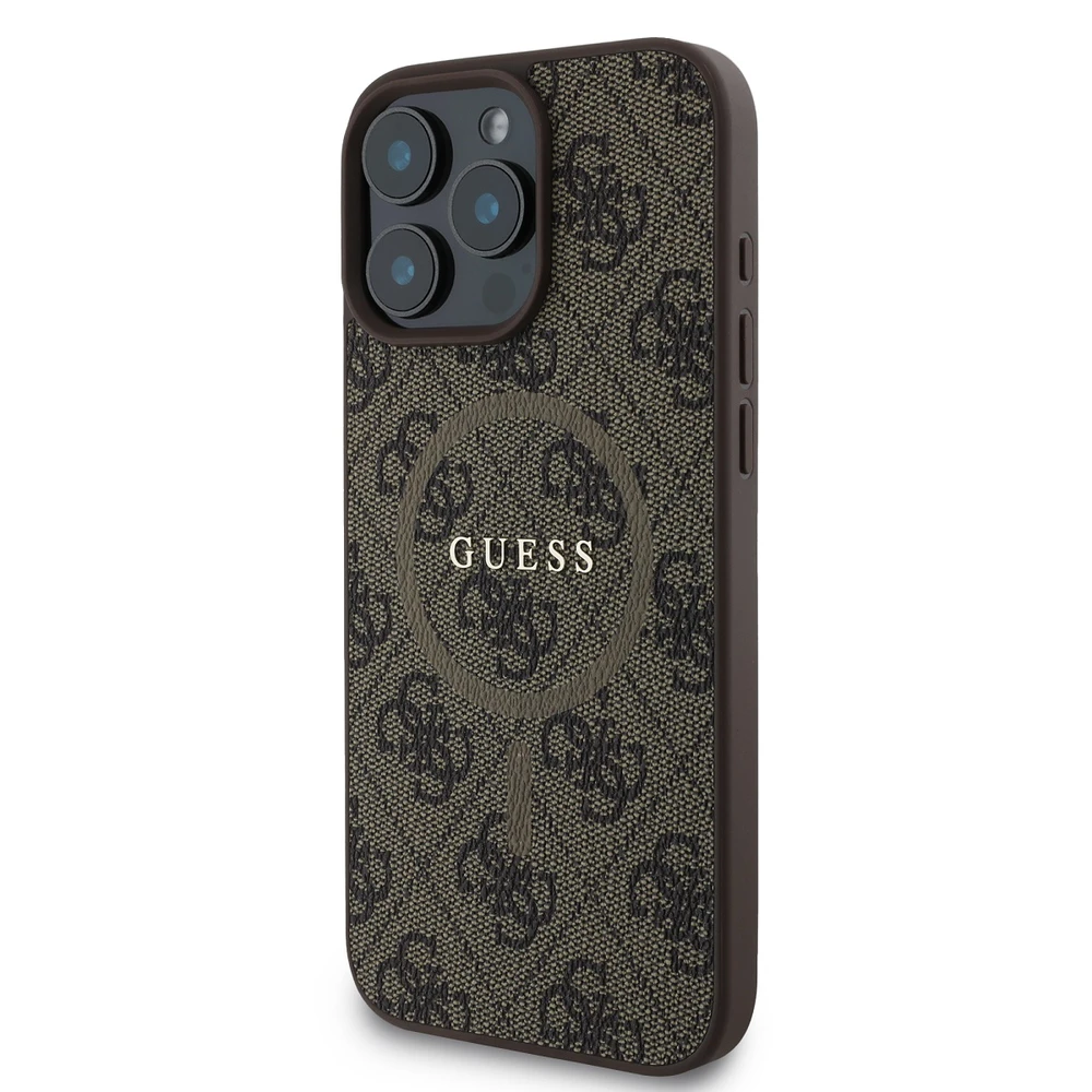 Guess 4G Ring Classic Logo MagSafe Apple iPhone 16 Pro – dėklas telefonui rudos spalvos