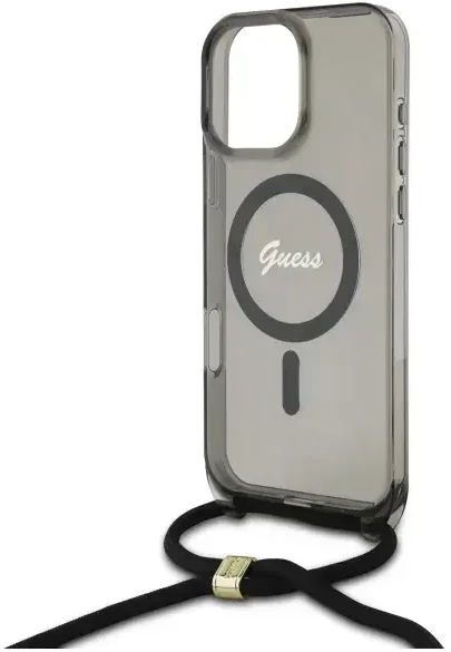 Guess GUHMP16LHCTSGNSK Apple iPhone 16 Pro 6.3″ juodos spalvos kietas dėklas Crossbody Cord Script MagSafe