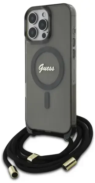 Guess GUHMP16LHCTSGNSK Apple iPhone 16 Pro 6.3″ juodos spalvos kietas dėklas Crossbody Cord Script MagSafe