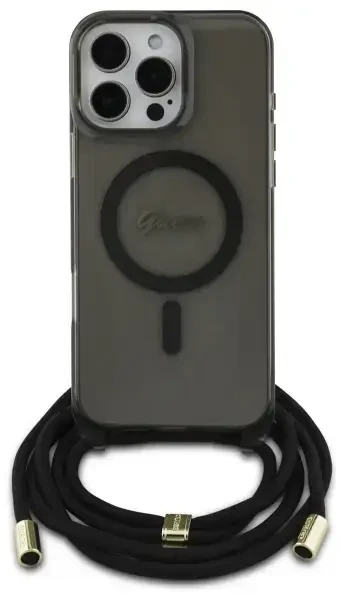 Guess GUHMP16LHCTSGNSK Apple iPhone 16 Pro 6.3″ juodos spalvos kietas dėklas Crossbody Cord Script MagSafe