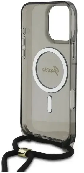 Guess GUHMP16LHCTSGNSK Apple iPhone 16 Pro 6.3″ juodos spalvos kietas dėklas Crossbody Cord Script MagSafe