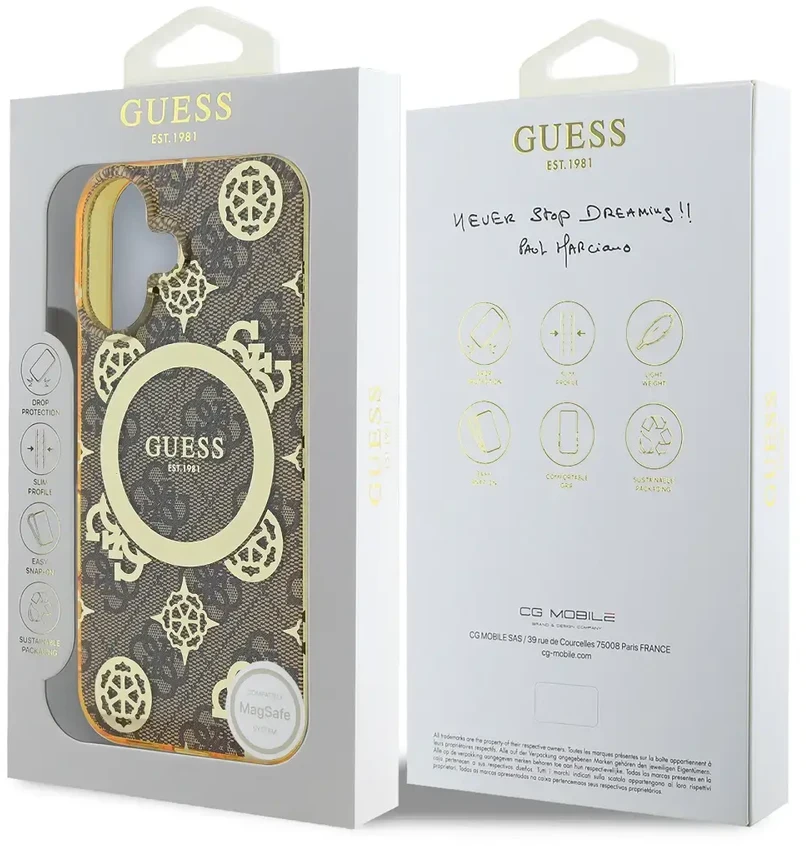 Guess IML Peony On 4G Background MagSafe Apple iPhone 16 Case – dėklas telefonui rudos spalvos