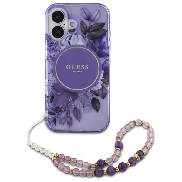 Guess IML Flowers With Pearl Strap MagSafe - dėklas skirtas Apple iPhone 16 Violetinė