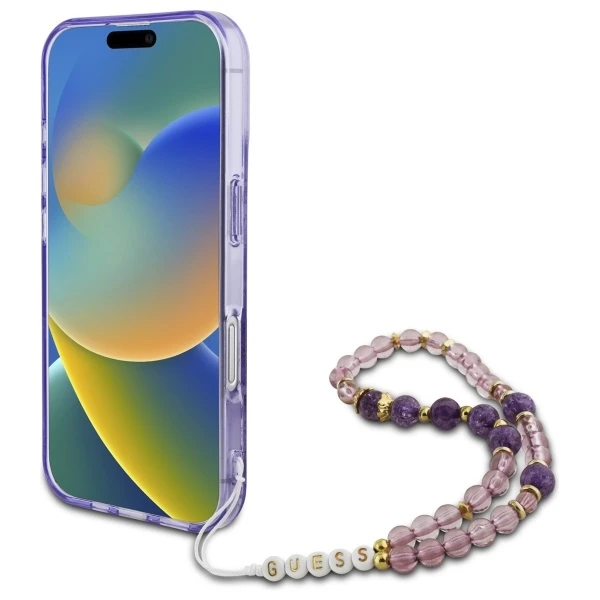 Guess IML Flowers With Pearl Strap MagSafe - dėklas skirtas Apple iPhone 16 Violetinė