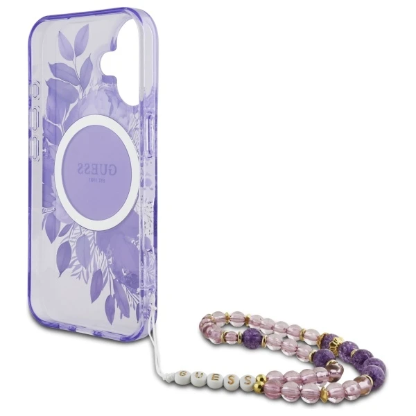Guess IML Flowers With Pearl Strap MagSafe - dėklas skirtas Apple iPhone 16 Violetinė