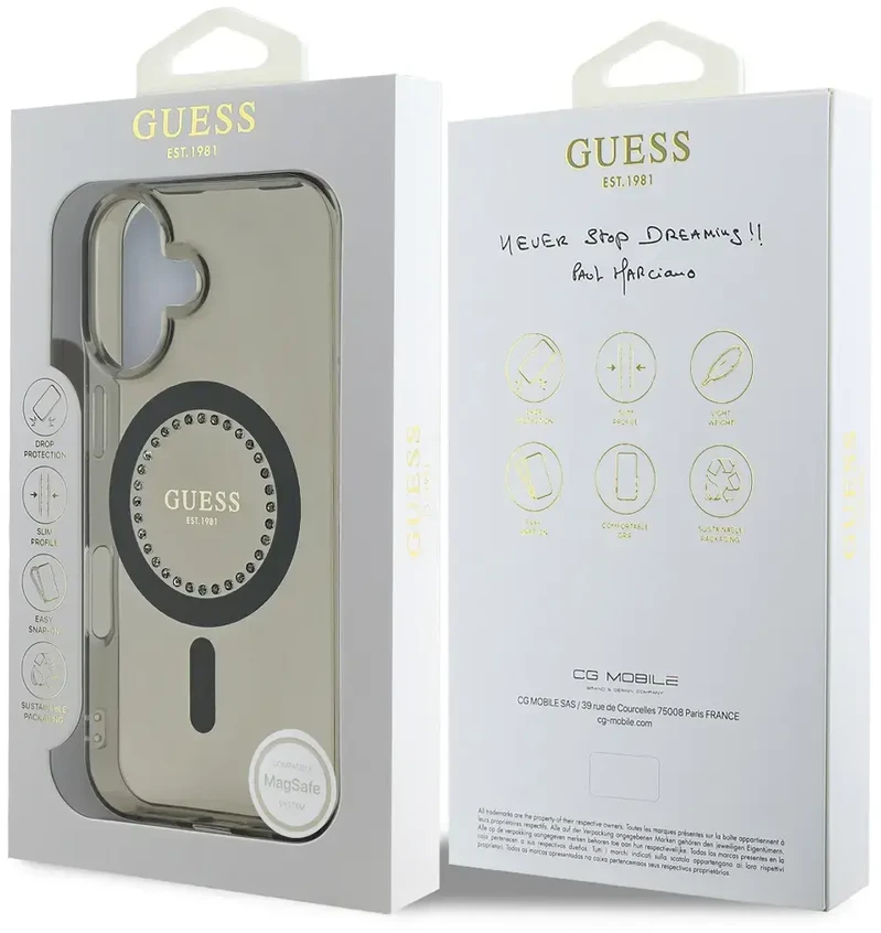 Guess IML Rhinestones MagSafe Apple iPhone 16 – dėklas telefonui juodos spalvos