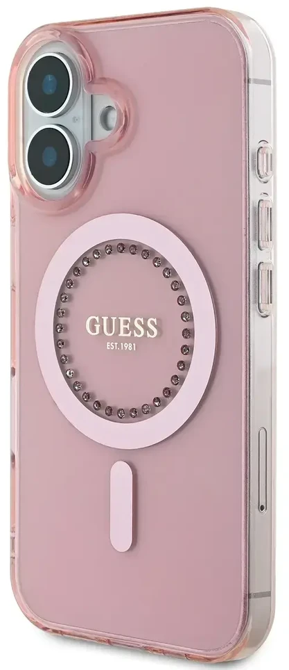 Guess GUHMP16SPFTDTEP Apple iPhone 16 6.1″ rožinės spalvos kietas dėklas IML Rhinestones MagSafe