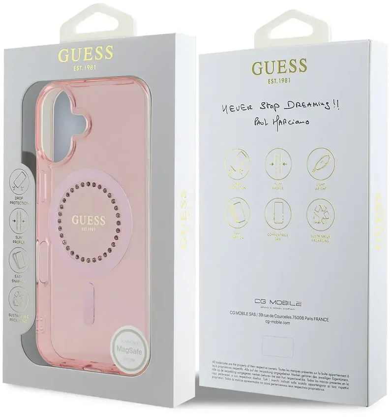 Guess GUHMP16SPFTDTEP Apple iPhone 16 6.1″ rožinės spalvos kietas dėklas IML Rhinestones MagSafe