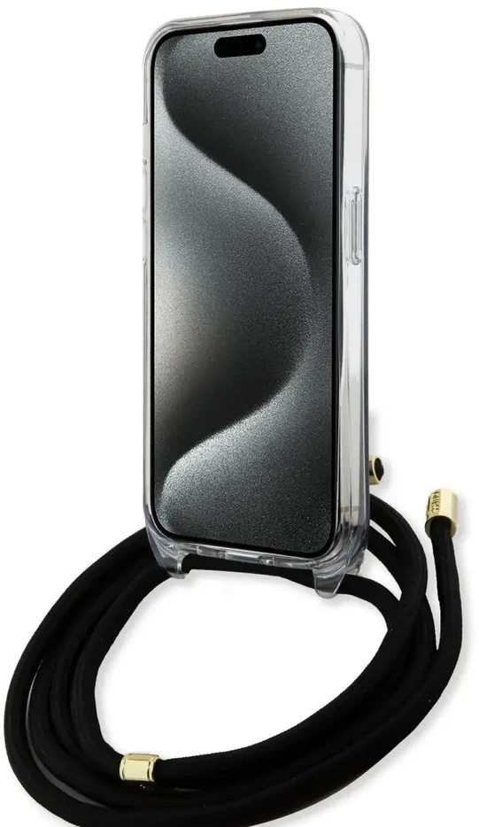 Guess GUHCP15LHC4SEK Apple iPhone 15 Pro 6.1″ juodos spalvos kietas dėklas Crossbody Cord 4G Print