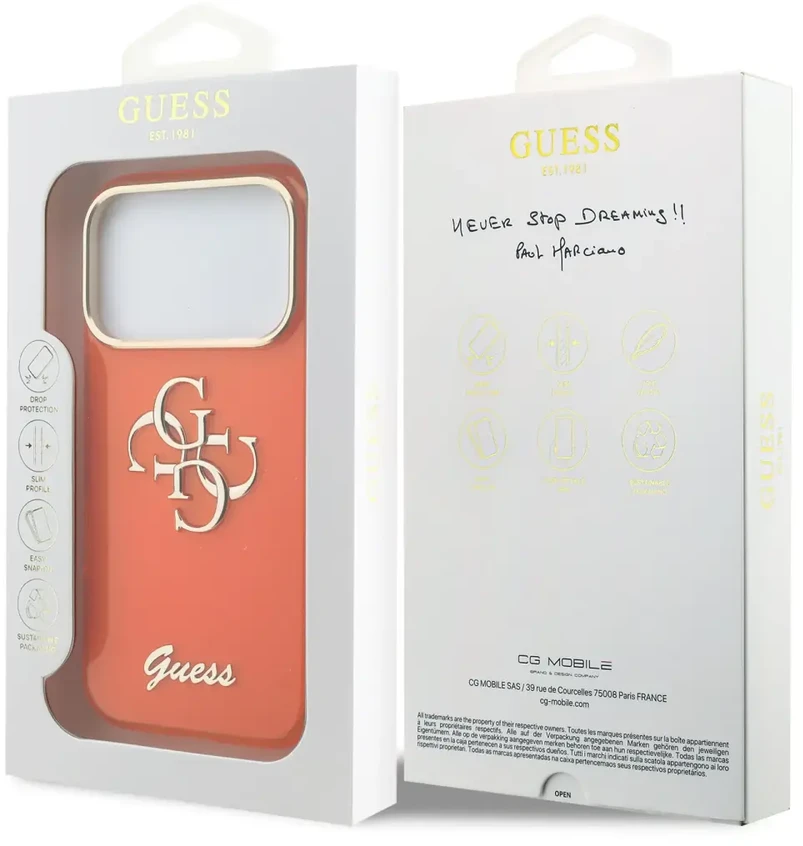Guess IML 4G Script Metal Logo telefono dėklas iPhone 17 Pro oranžinis