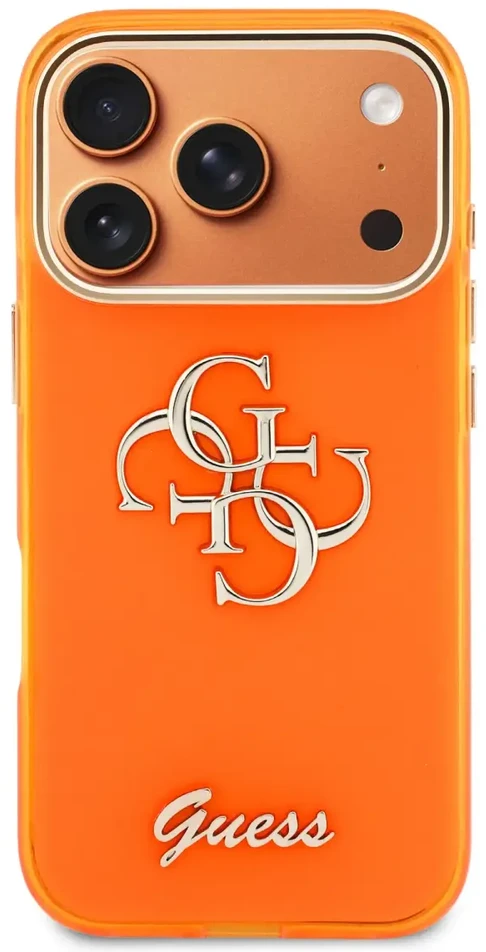 Guess IML 4G Script Metal Logo telefono dėklas iPhone 17 Pro oranžinis