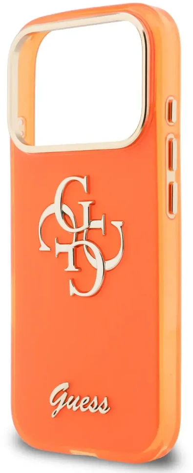 Guess IML 4G Script Metal Logo telefono dėklas iPhone 17 Pro oranžinis