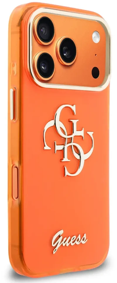 Guess IML 4G Script Metal Logo telefono dėklas iPhone 17 Pro oranžinis
