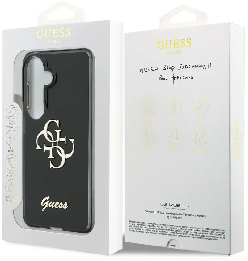 Guess IML 4G Script Metal Logo telefono dėklas, skirtas Galaxy S26 (S942) juodas