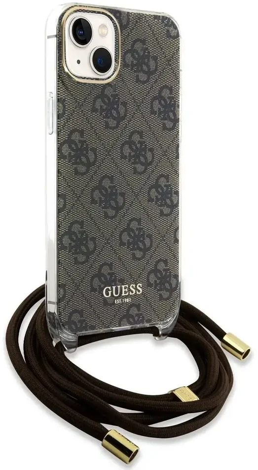 Guess GUHCP15SHC4SEW Apple iPhone 15 / 14 / 13 6.1″ rudos spalvos kietas dėklas Crossbody Cord 4G Print