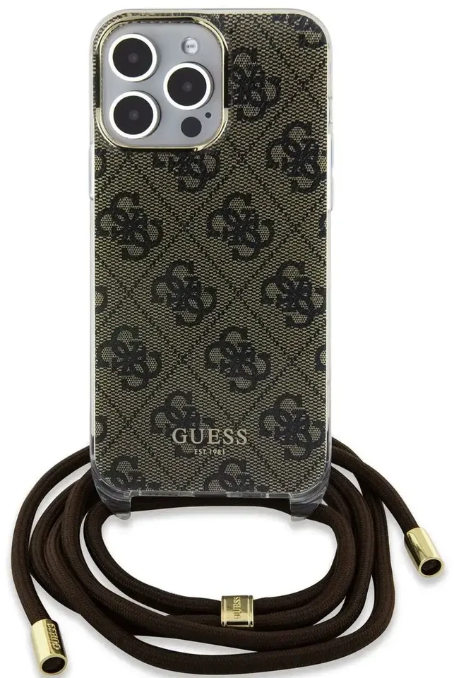Dėklas GUESS GUHCP15XHC4SEW IPHONE 15 PRO MAX 6.7 "BROWN/BROWN HARDCASE CROSSBODY CORD 4G PRINT
