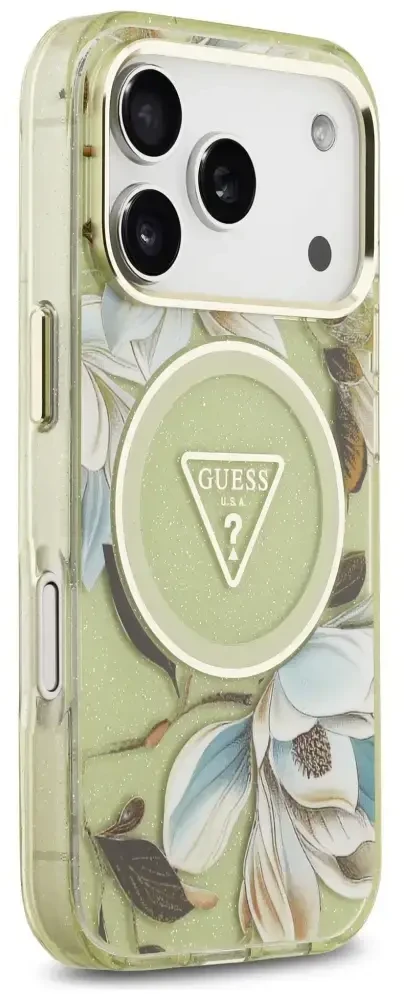 Dėklas Guess IML Glitter Flowers Triangle MagSafe skirtas Apple iPhone 17 Pro Max žalios spalvos