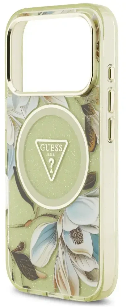 Dėklas Guess IML Glitter Flowers Triangle MagSafe skirtas Apple iPhone 17 Pro Max žalios spalvos