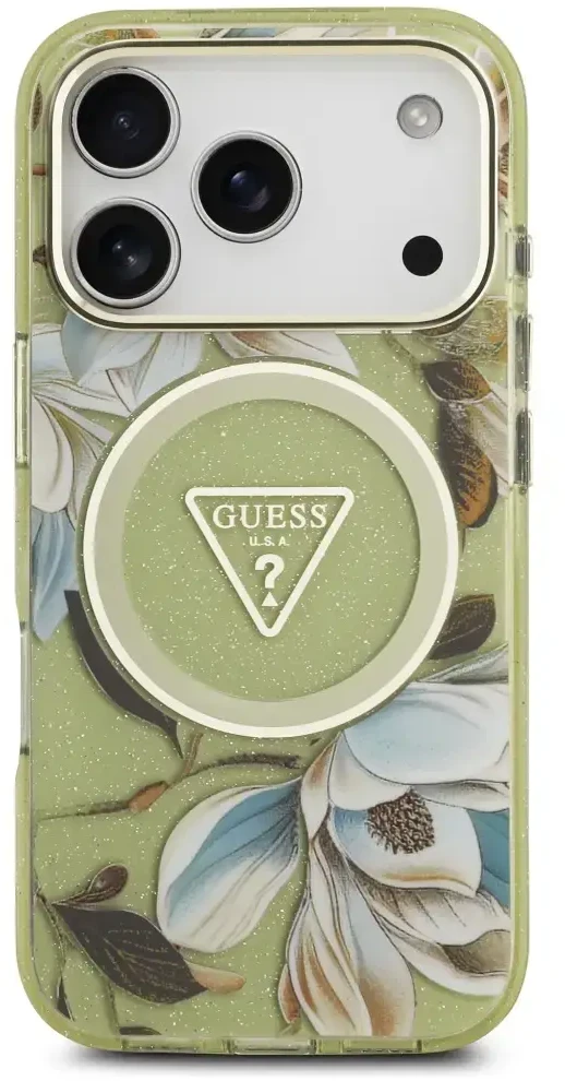 Dėklas Guess IML Glitter Flowers Triangle MagSafe skirtas Apple iPhone 17 Pro Max žalios spalvos