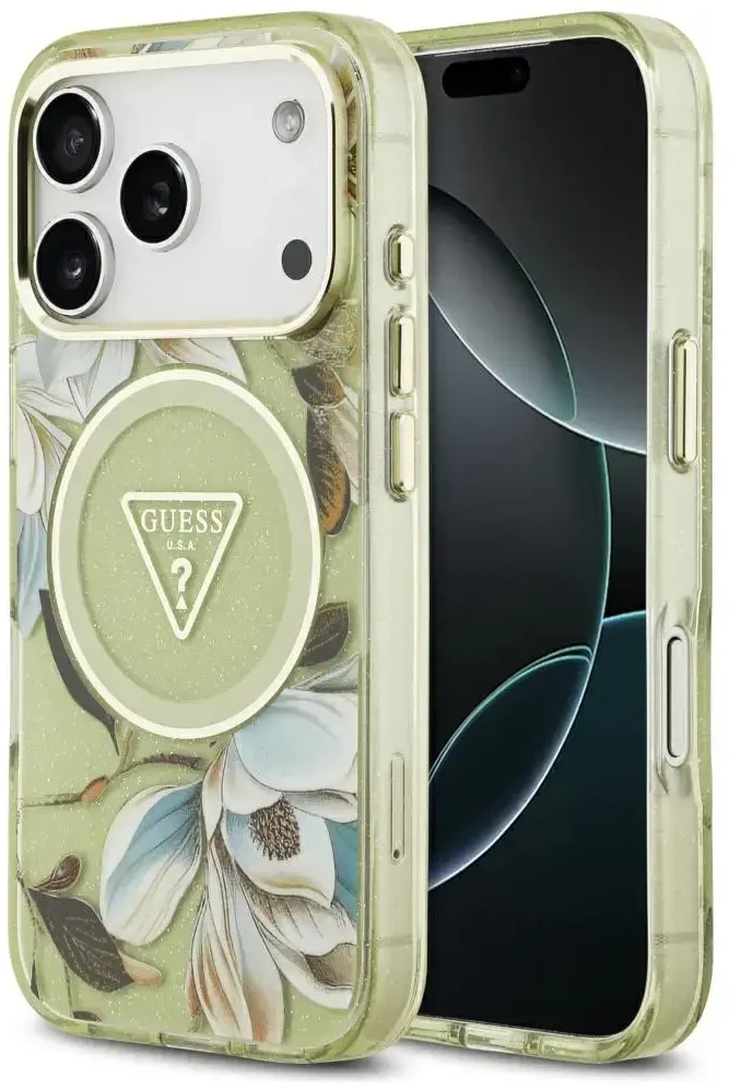Dėklas Guess IML Glitter Flowers Triangle MagSafe skirtas Apple iPhone 17 Pro Max žalios spalvos