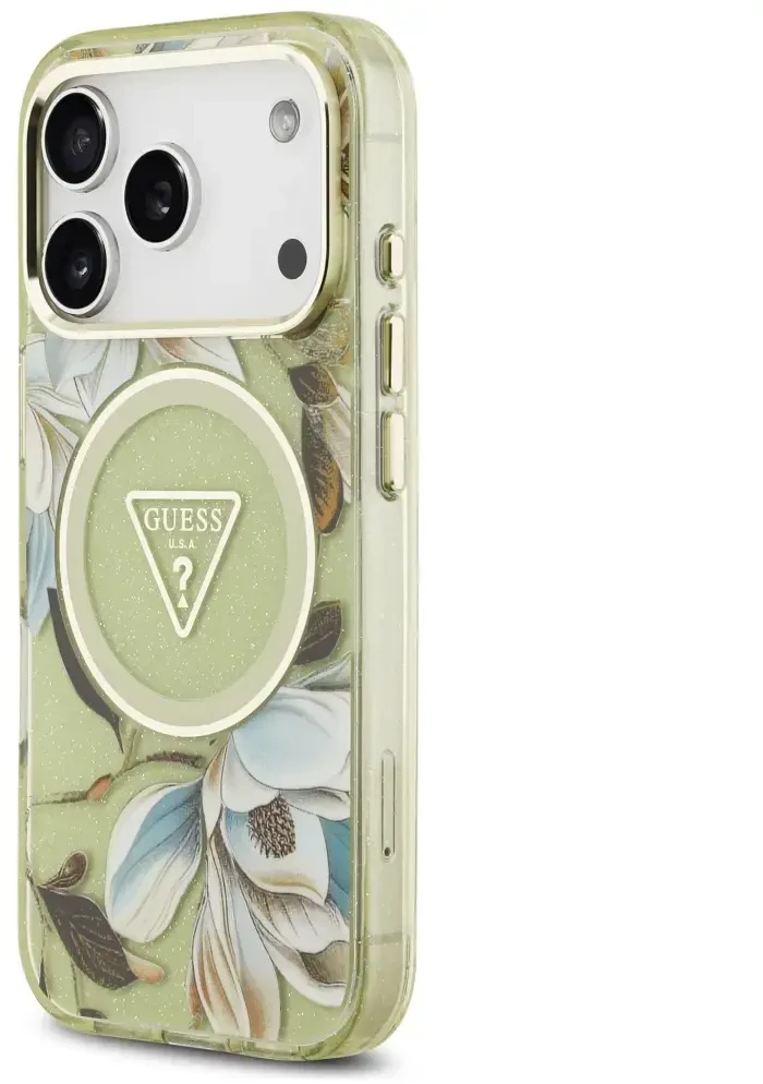 Dėklas Guess IML Glitter Flowers Triangle MagSafe skirtas Apple iPhone 17 Pro Max žalios spalvos