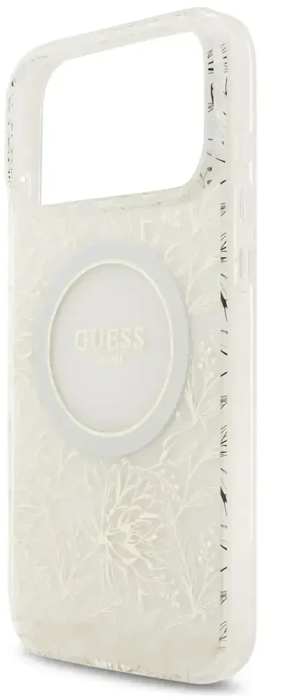 Guess IML Flowers Allover Strap MagSafe dėklas iPhone 17 Pro Max baltas
