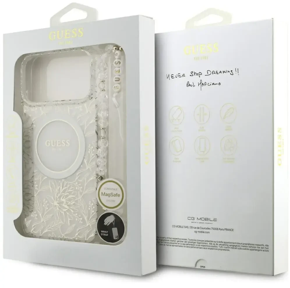 Guess IML Flowers Allover Strap MagSafe dėklas iPhone 17 Pro Max baltas