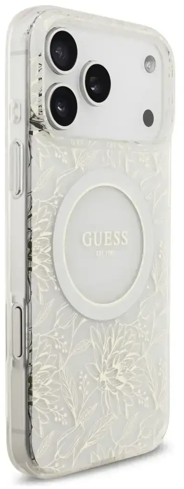 Guess IML Flowers Allover Strap MagSafe dėklas iPhone 17 Pro Max baltas