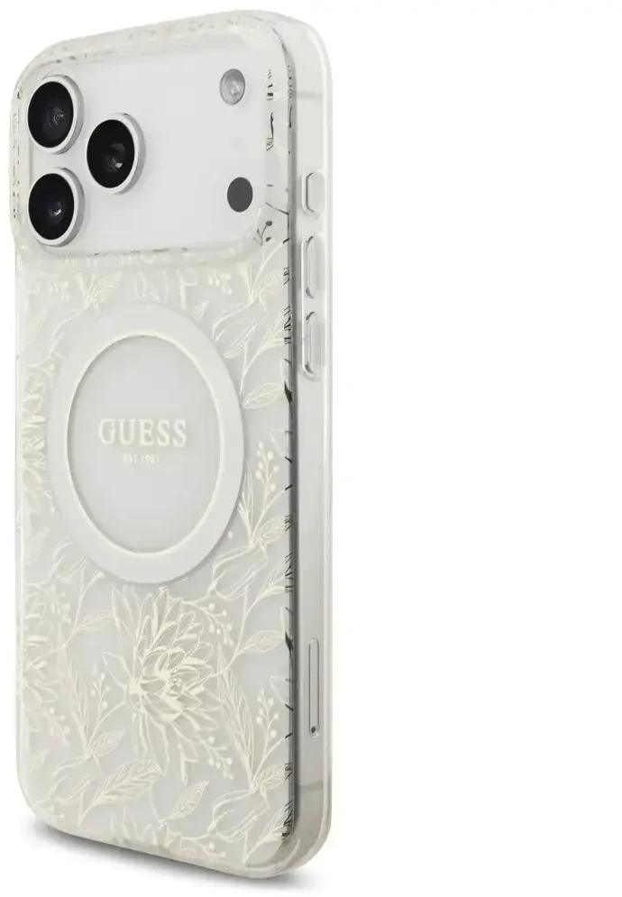 Guess IML Flowers Allover Strap MagSafe dėklas iPhone 17 Pro Max baltas