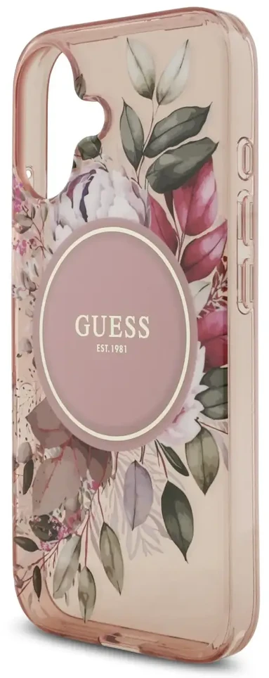 Guess IML Flowers Strap MagSafe dėklas, skirtas iPhone 17, rožinis